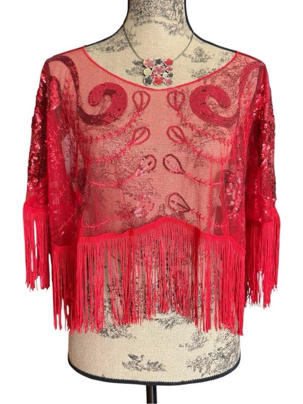 Red Fringe Poncho with Sequins Size O/S